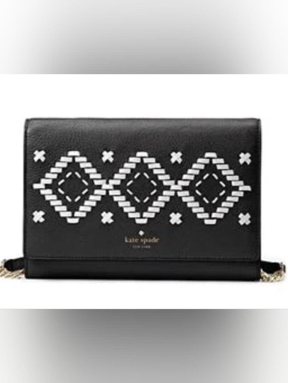 kate spade black crossbody with white embroidered pattern